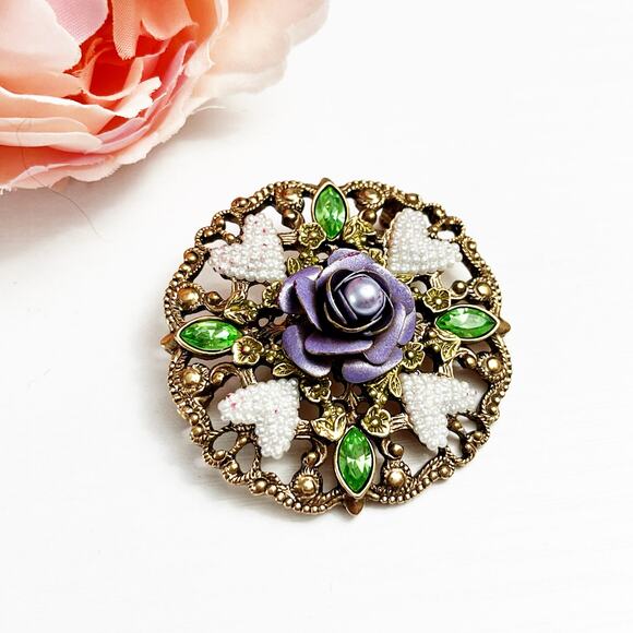 1928 Brand Vintage Heart Brooch with Purple Rose Center - Picture 1 of 9